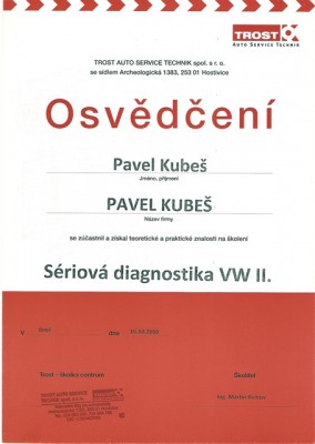Osvědčení – diagnostika vozů koncernu VW