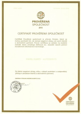 Certifikát Prověřená společnost