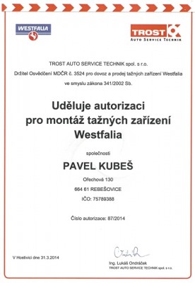 Osvědčení – montáž tažných zařízení WESTFALIA