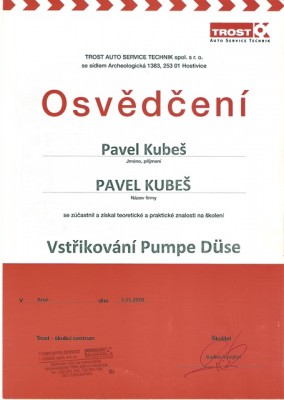 Osvědčení – vstřikovací systémy